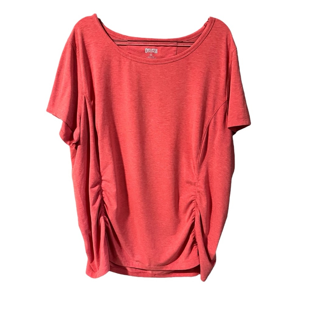 Duluth Trading Co. orange short sleeve t-shirt, with ruching